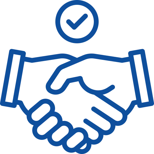Blue line icon of a handshake with a checkmark