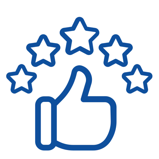 Blue line icon of a thumbs up surrounded by five stars