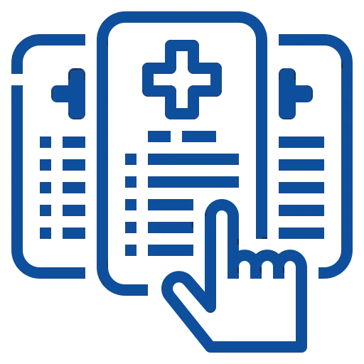 Blue line icon of a medical report or patient chart with a hand clicking a list