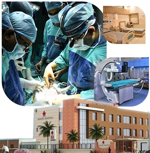 Collage showing a surgical team in an operation theater and an exterior view of a Rungta hospital building.